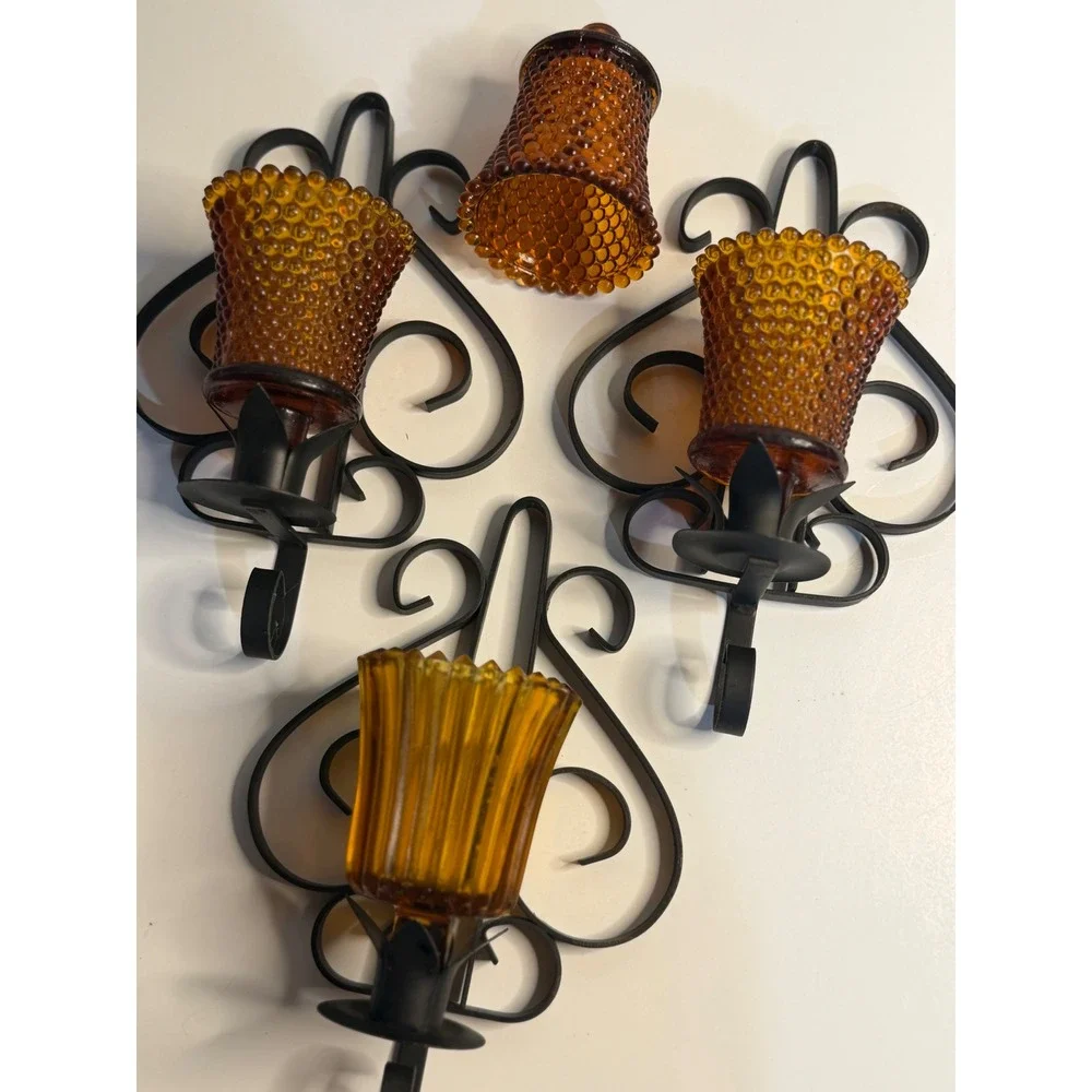 VTG Homco Wall Sconce Candle Holders Amber Hobnail Ribbed Glass‎ Black Metal X 3
